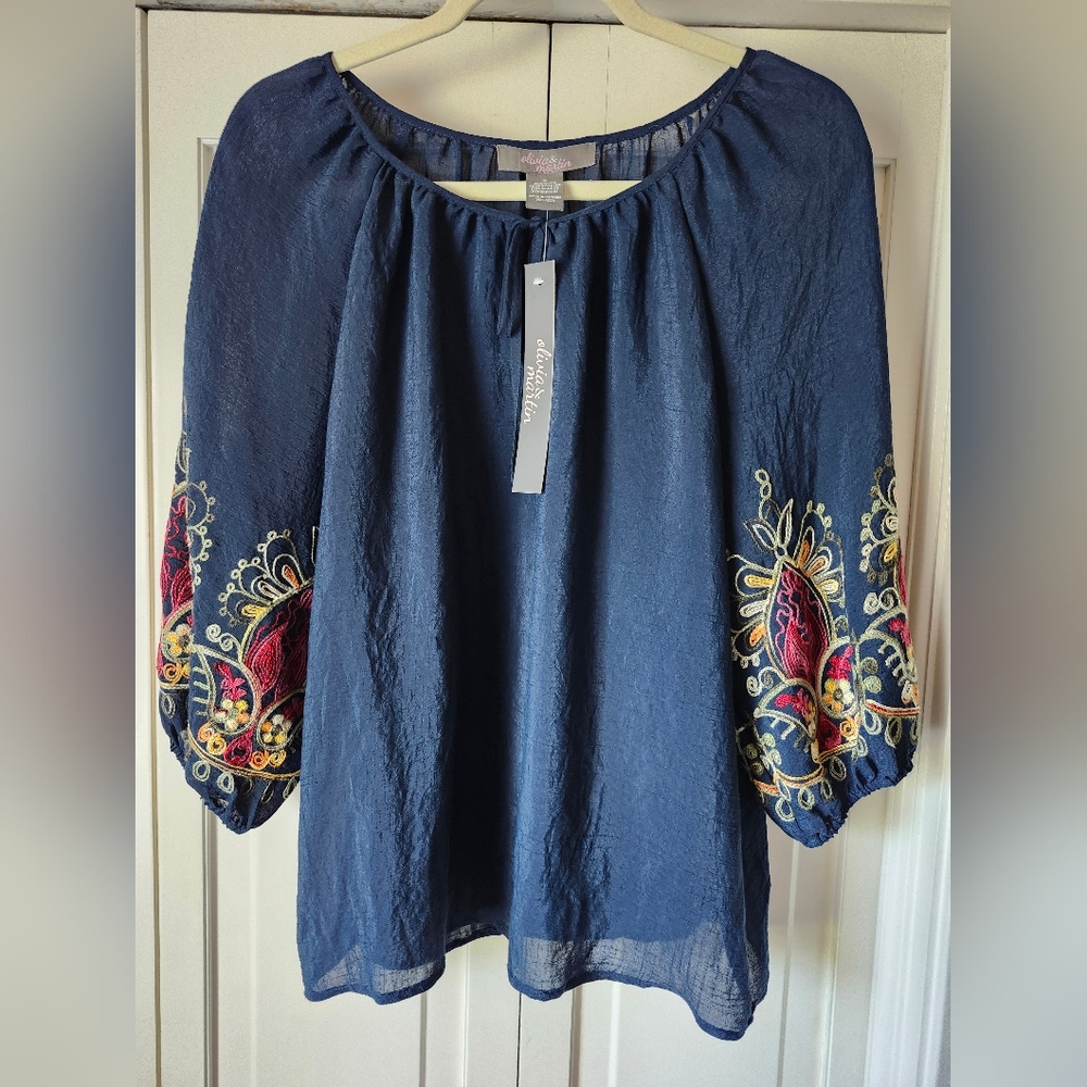 George Navy Peasant Blouse with Embroidered Balloon Sleeves